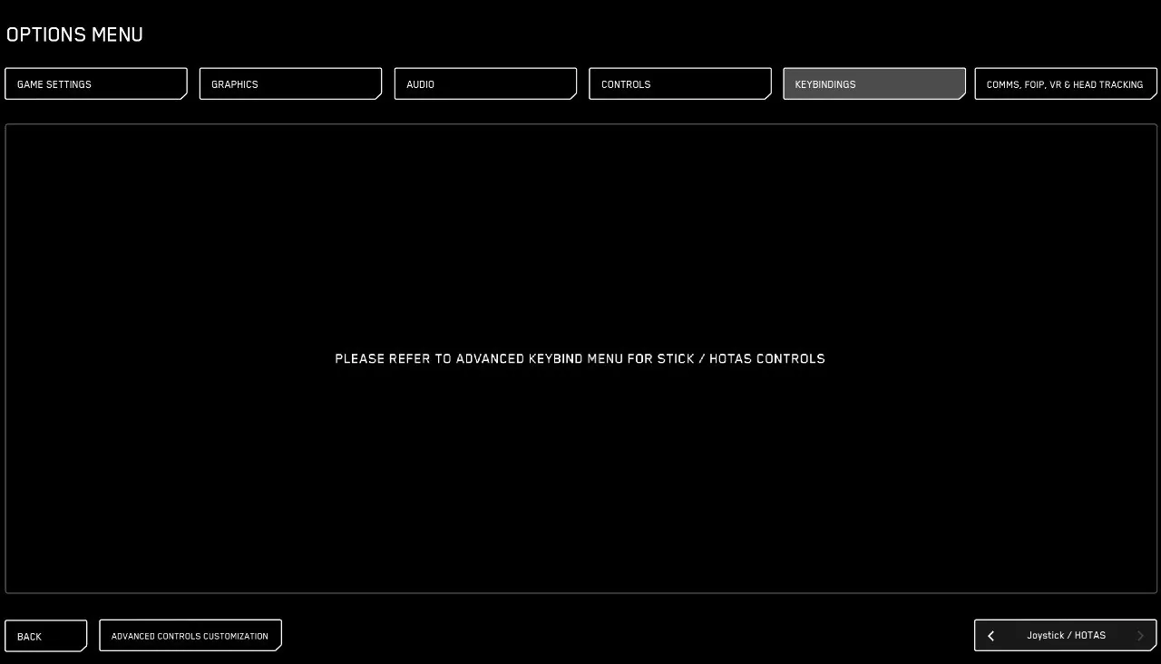 A játék OPTIONS MENU képernyője a KEYBINDINGS fülön, jobb alul a Joystick / HOTAS eszközválasztóval