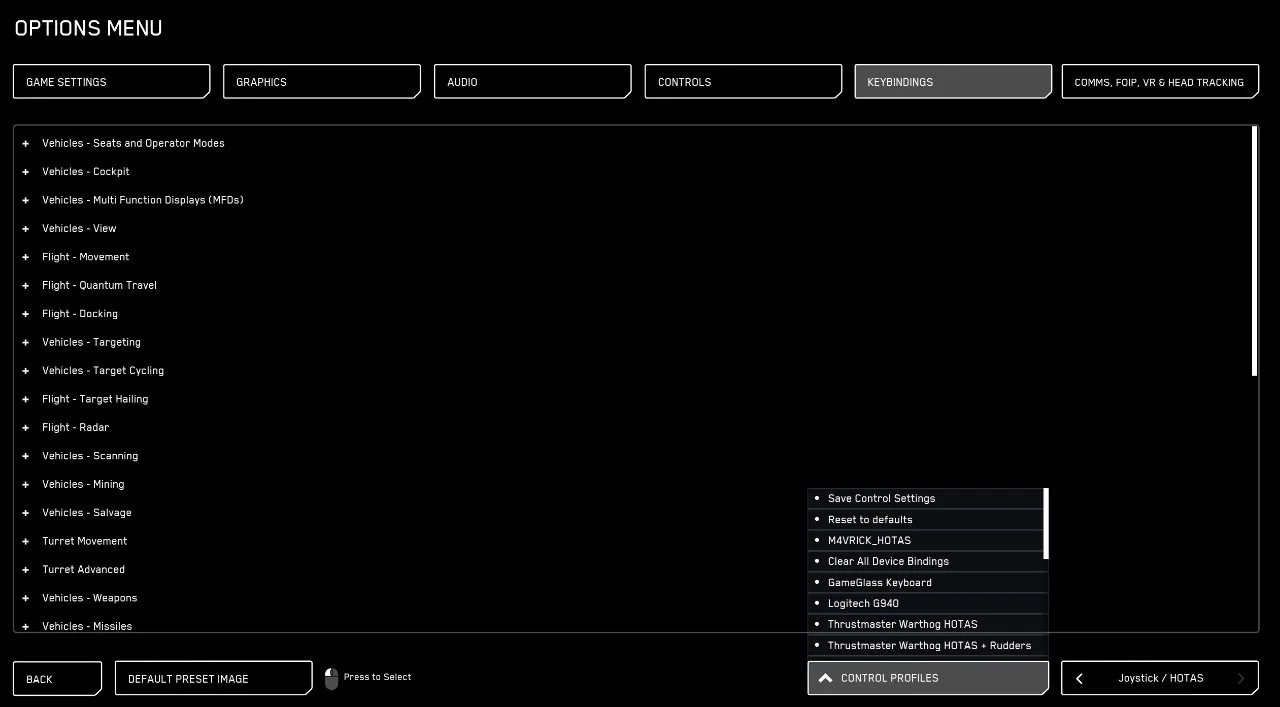 Az ADVANCED CONTROLS CUSTOMIZATION képernyő nyitott CONTROL PROFILES listával, benne a M4VRICK_HOTAS profillal