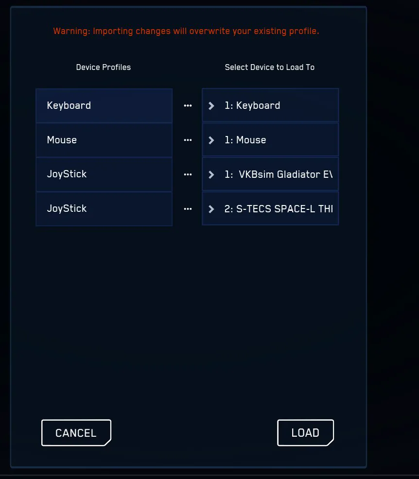 A Device Profiles betöltő ablak, jobb oldalon az 1: VKBsim Gladiator és a 2: S-TECS SPACE-L eszközökkel, alul a LOAD gombbal